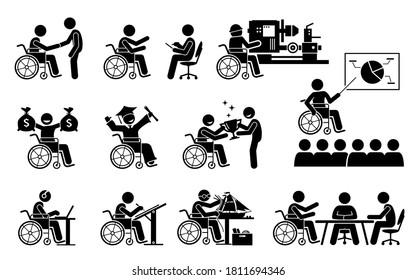 Successful disabled person having a good career and work stick figures icons. Vector illustrations of a handicapped working man with achievement in education and accomplishment in life. 