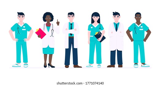 Successful doctors team of medical employee vector illustration isolated on white background. Hospital or medic clinic staff doctor, surgeon, nurse standing up with equipment.