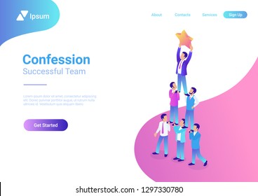 Successful dream team flat 3d isometric business concept web vector illustration. Teamwork businessmen pyramid to reach rating star.