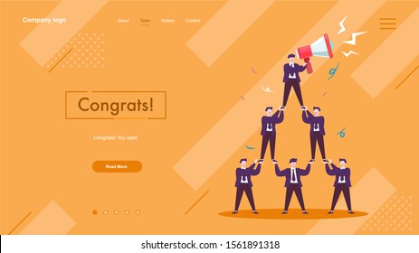 Successful dream team flat 3d isometric business concept web vector illustration. Business leader using loudspeaker. Teamwork businessmen pyramid