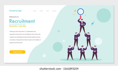 Successful dream team flat 3d isometric business concept web vector illustration. Teamwork businessmen pyramid to reach magnifier.