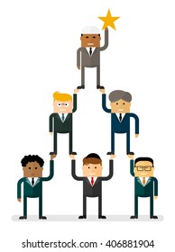 Successful dream team flat business concept web vector illustration. International business teamwork pyramid to reach star. Conceptual image of a businessman character.Cartoon vector illustration.
