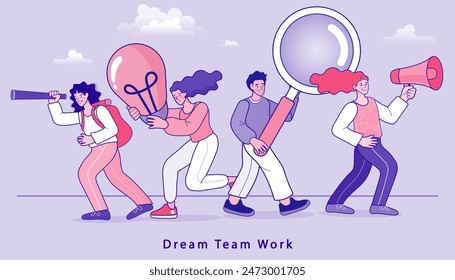 Successful dream team, teamwork in business concept. Man and woman with magnifying lens, binoculars. Employees or office workers celebrating. man are working on search engine optimization as a team.