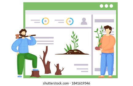 Successful Earth care. The guy holding a tree to plant. A poster with a globe polluted by factories. Lumberjack opposes deforestation. Globe destroyed by human activity. Greening the planet