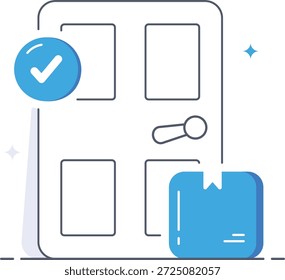 Successful ecommerce order shipment and package delivery at the house entrance door depicted as a clean blue and white isometric flat vector illustration.