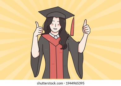 Successful education, graduation from university concept. Young smiling happy girl in traditional bonet and mantle standing showing thumbs up sign feeling happiness with graduation 