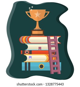 Successful for Education, stacked books  and trophy on top and stair to climb for succesful