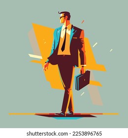 Erfolgreicher und eleganter junger Mann, der in einem Business-Anzug mit einem Gehäuse spaziert. Flaches Beispiel eines gut aussehenden Geschäftsmannes. Einzeln auf dynamischem Hintergrund