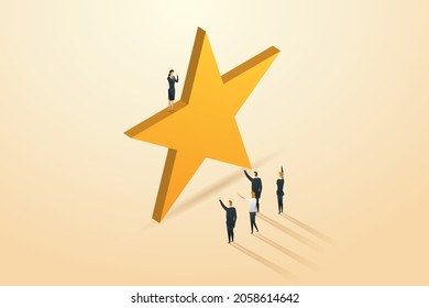 Successful employees stand on big stars. fellow employees congratulate career success concept. isometric vector illustration.