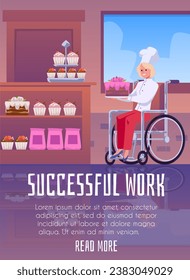 Successful employment and inclusive work environment for people with disabilities and limited mobility concept of banner or poster, flat vector illustration.