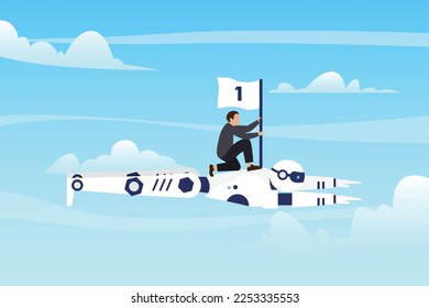 Successful entrepreneur holding number one flag sitting on top of flying robot 2d vector illustration concept for banner, website, illustration, landing page, flyer, etc