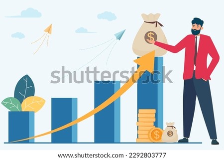 Successful entrepreneur or investor presentation stack of money and growth diagram. Businessman in red suit standing at cash with growth graph. Trader, Financial success, economy, Vector illustration.