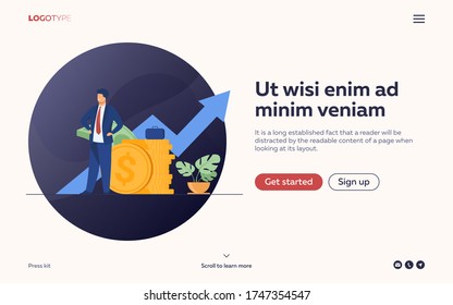 Successful entrepreneur or investor presenting stack of money and growth diagram. Businessman in suit standing at cash. Vector illustration for financial success, economy, trade concept