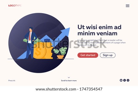 Successful entrepreneur or investor presenting stack of money and growth diagram. Businessman in suit standing at cash. Vector illustration for financial success, economy, trade concept