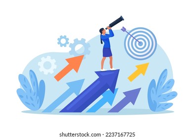 Successful entrepreneur standing on arrows and looking with telescope for new opportunities. New business, start up. Strategy for success, achievement. Business development plan for improvement