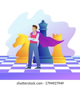 Successful entrepreneur in superman cloak stands on chess board. Concept of business strategy, management, leadership. Handsome businessman with chess figures on background. Flat vector illustration