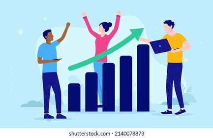 Successful entrepreneurs - Cheerful people in casual clothes standing with rising diagram chart being happy over business growth. Flat design vector illustration with blue background