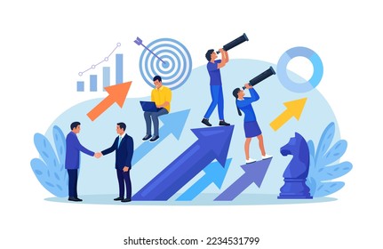 Successful entrepreneurs standing on arrows and looking with telescope for new opportunities. New business, start up. Team strategy for success, achievement. Business development plan for improvement