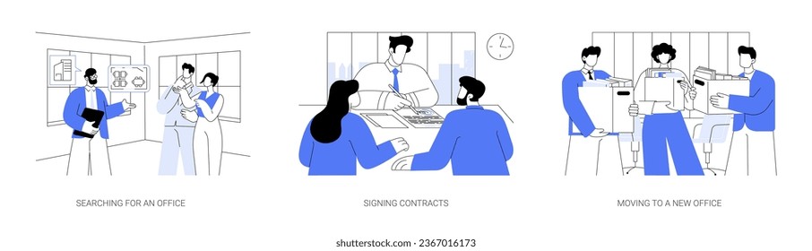 Successful entrepreneurship isolated cartoon vector illustrations set. Searching for corporate a workplace, signing contracts, business agreement, moving to a new office, coworking vector cartoon.