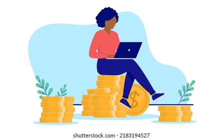 Successful ethnic career woman - Female minority person sitting on stack of money working on computer, flat design vector illustration with white background