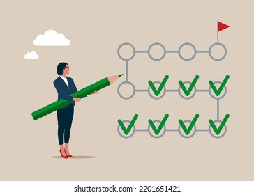 Successful execution of business tasks at the office. Planner, work calendar. Businesswoman with big pencil and to do list. Vector illustration. 