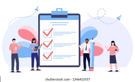 Successful execution of tasks from the to check list. Man with pen and clipboard. To do list concept. Completion tasks. Vector illustration flat design. Ethnic people group full length team