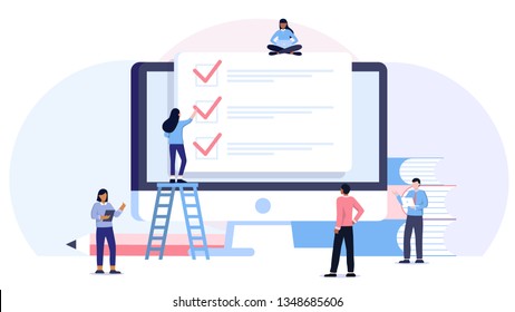 Successful execution of tasks from the to check list. Man with pen and clipboard. To do list concept. Completion tasks. Vector illustration flat design. Ethnic people group full length team