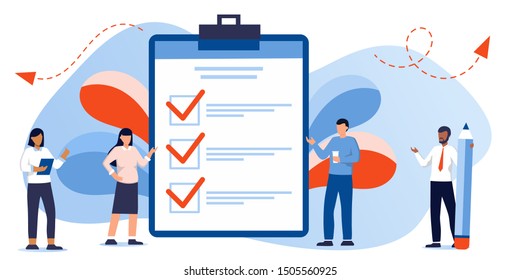 Successful execution of tasks from the to check list. Man with pen and clipboard. To do list concept. Completion tasks. Vector illustration flat design. Ethnic people group full length team