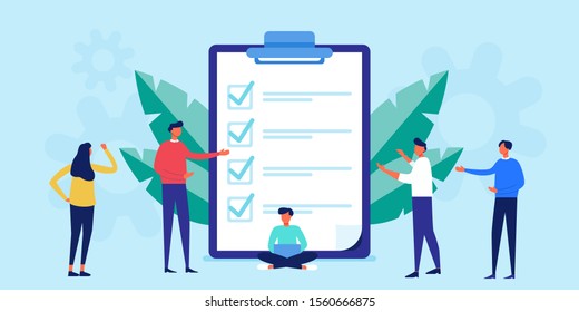 Successful execution of tasks from the to check list. clipboard with document. To do list concept. Completion tasks. Vector illustration flat design. people group full length team work