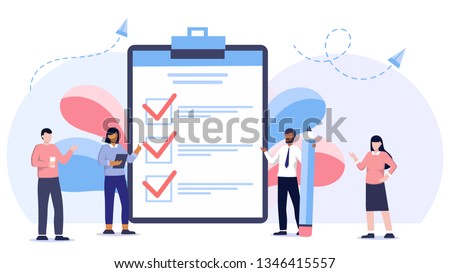 Successful execution of tasks from the to check list. Man with pen and clipboard. To do list concept. Completion tasks. Vector illustration flat design. Ethnic people group full length team