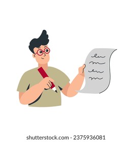 Successful execution of tasks from the to do list.Young man writing notes. To-do list. Planning concept. Vector flat hand drawn llustration isolated on white background.