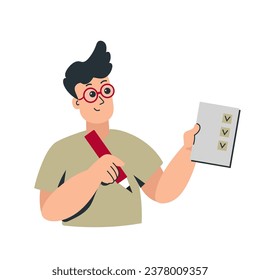 Successful execution of tasks from the to do list.Young man writing notes. To-do list. Planning concept. Vector flat hand drawn llustration isolated on white background.