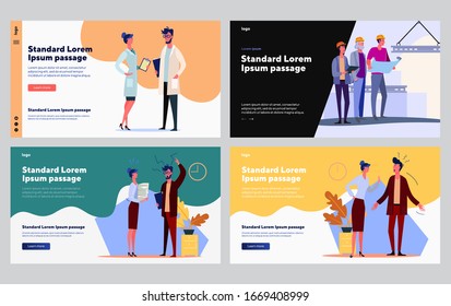 Successful and failed professionals set. Manager arguing with colleague, doctor, engineer team. Flat vector illustrations. Job, work, cooperation concept for banner, website design or landing web page