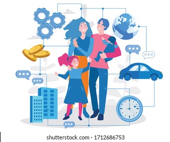 Successful Family, house car, money, love. Father, mother, sister, brother,  Vector illustration for web banner, infographics, mobile. Big Family together.  Real estate. Buy house.