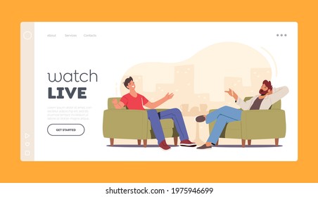 Successful Famous Celebrity Giving Interview to Journalist Landing Page Template. Tv Host Asking Young Male Character Questions in Television Talk Show Studio. Cartoon People Vector Illustration