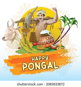 Successful farmer with Pongal greetings elements