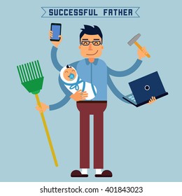 Successful Father. Multitasking Man. Perfect Husband. Father with Baby and Laptop. Vector illustration