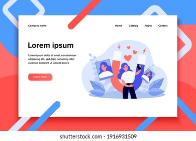 Successful female blogger taking selfie on cellphone. Magnet attracting likes. Flat vector illustration. Social media, blogging concept for banner, website design or landing web page