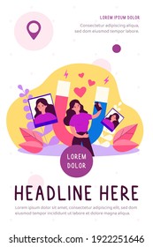 Successful female blogger taking selfie on cellphone. Magnet attracting likes. Flat vector illustration. Social media, blogging concept for banner, website design or landing web page