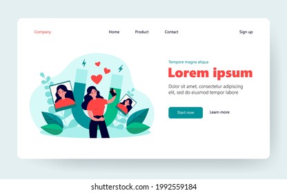Successful female blogger taking selfie on cellphone. Magnet attracting likes. Flat vector illustration. Social media, blogging concept for banner, website design or landing web page