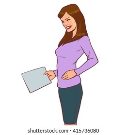 successful female businesswoman, cartoon character, success, holding documents, vector illustration