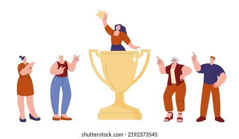 Successful female concept with girl in gold cup holding star. People point on success, winner and happiness. Business victory team leader vector scene