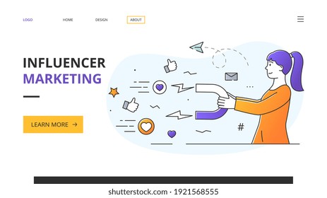 Successful female Social Media Influencer dong marketing promotions using a horseshoe magnet to attract followers and likes in a web page template with copyspace, colored vector illustration