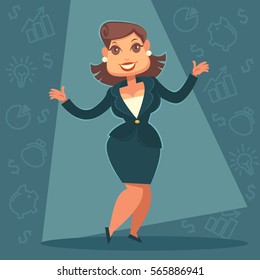 successful finance coach and mentor, vector cartoon business lady