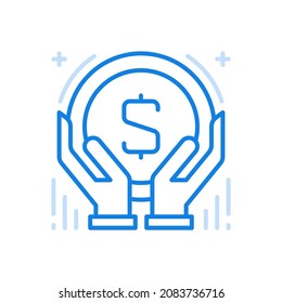 Successful finance strategy vector line icon. Profitable investment and business economic planning. Hands hold circle with symbol of money. Competent financial marketing with banking.

