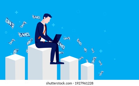 Successful Finance Worker - Man Working On Laptop On Top Of Graph With Money Flying Around. Career Winner And Success Concept. Vector Illustration.