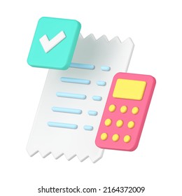 Successful financial budget checking paper ragged paycheck and calculator realistic 3d icon vector illustration. Accounting business payment checking data information banking service notification