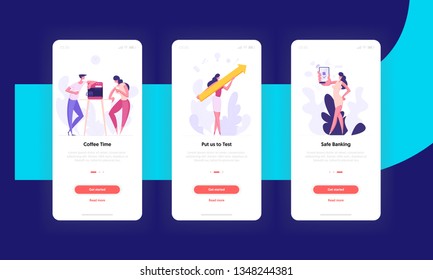 Successful Financial Growth Team Developing Business Concept for Mobile App Set. People Characters with Coffee Break, Arrow Going Up and Internet Banking Colorful Template. Flat Vector Illustration