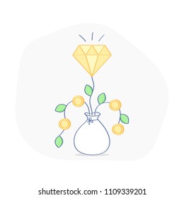 Successful financial investment, money or value growth, successful ICO, return of investors money. The Brilliant is born from a bag of money as plant, sprout. Flat outline business icon concept.