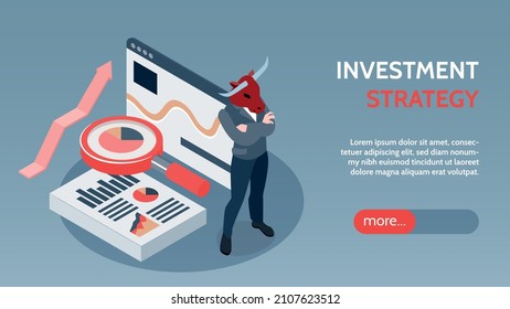 Successful financial investment strategies advisers isometric landing page web banner with bull market symbol background vector illustration
